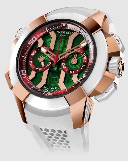 Review Jacob & Co EPIC X CHRONO ROSE GOLD AND WHITE CERAMIC (GREEN DIAL, RED INNER RINGS) EC312.42.PB.GR.A Replica watch - Click Image to Close